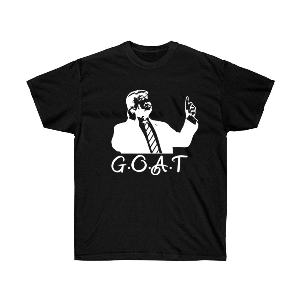 G.O.A.T Trump Political T-Shirt featuring a bold design, made from 100% soft cotton, suitable for unisex wear.