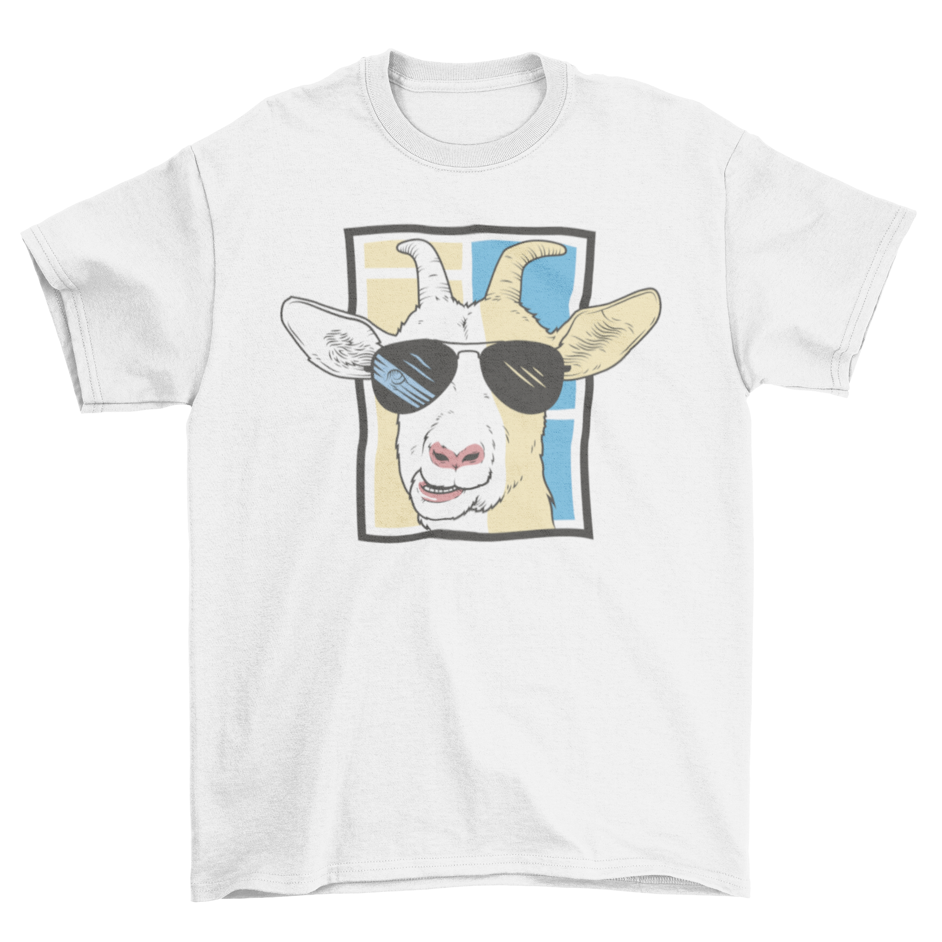 A stylish t-shirt featuring a goat wearing sunglasses, showcasing a fun and quirky design.