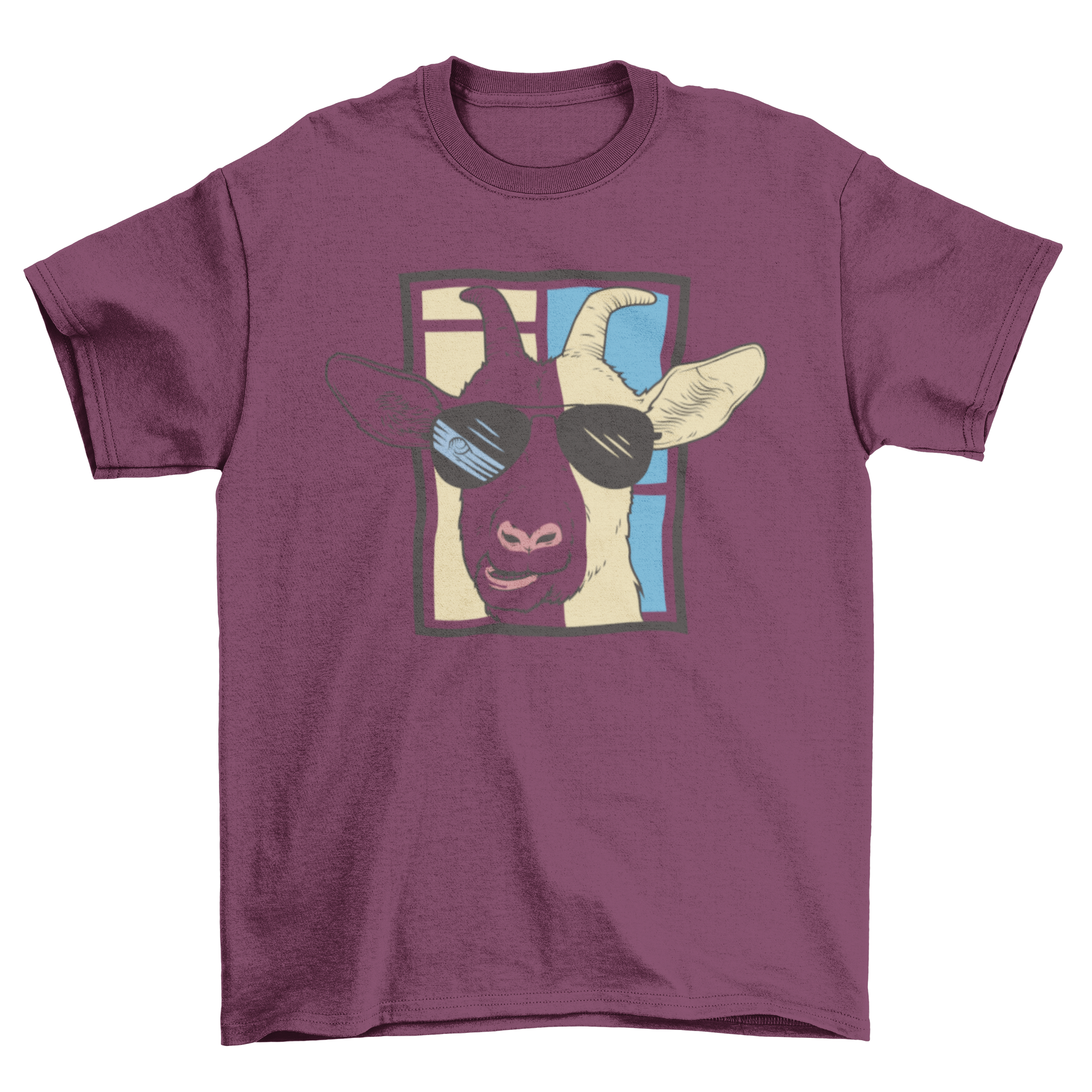 A stylish t-shirt featuring a goat wearing sunglasses, showcasing a fun and quirky design.