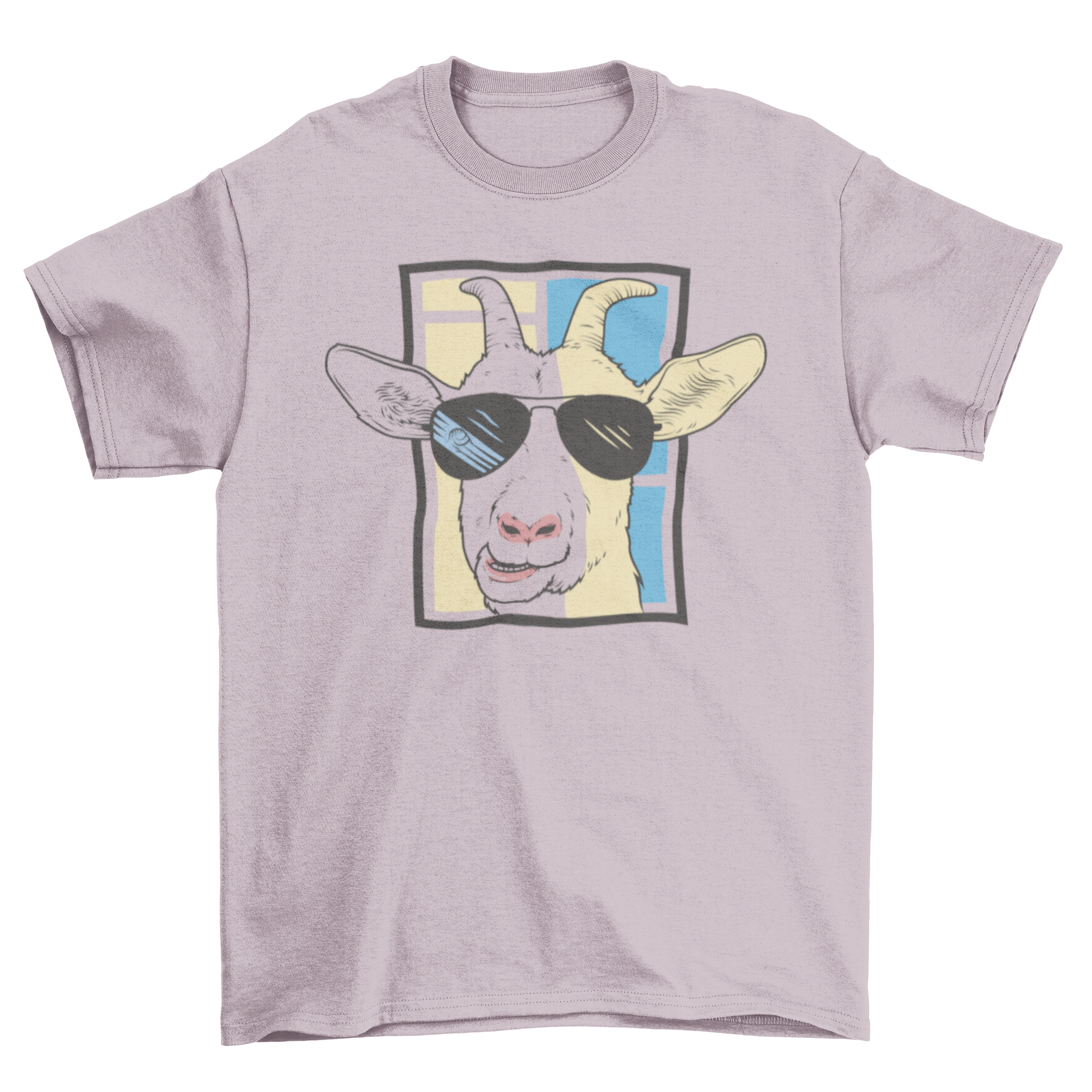 A stylish t-shirt featuring a goat wearing sunglasses, showcasing a fun and quirky design.