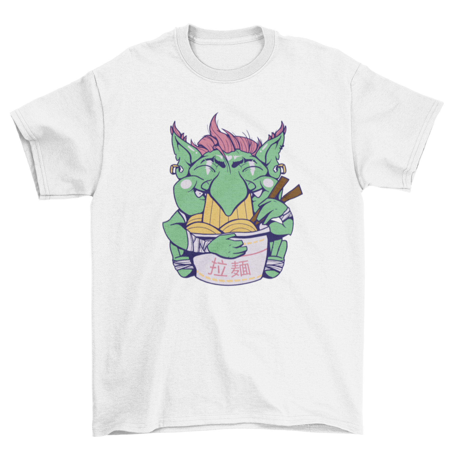 A whimsical t-shirt featuring a goblin happily eating ramen, showcasing vibrant colors and playful design.