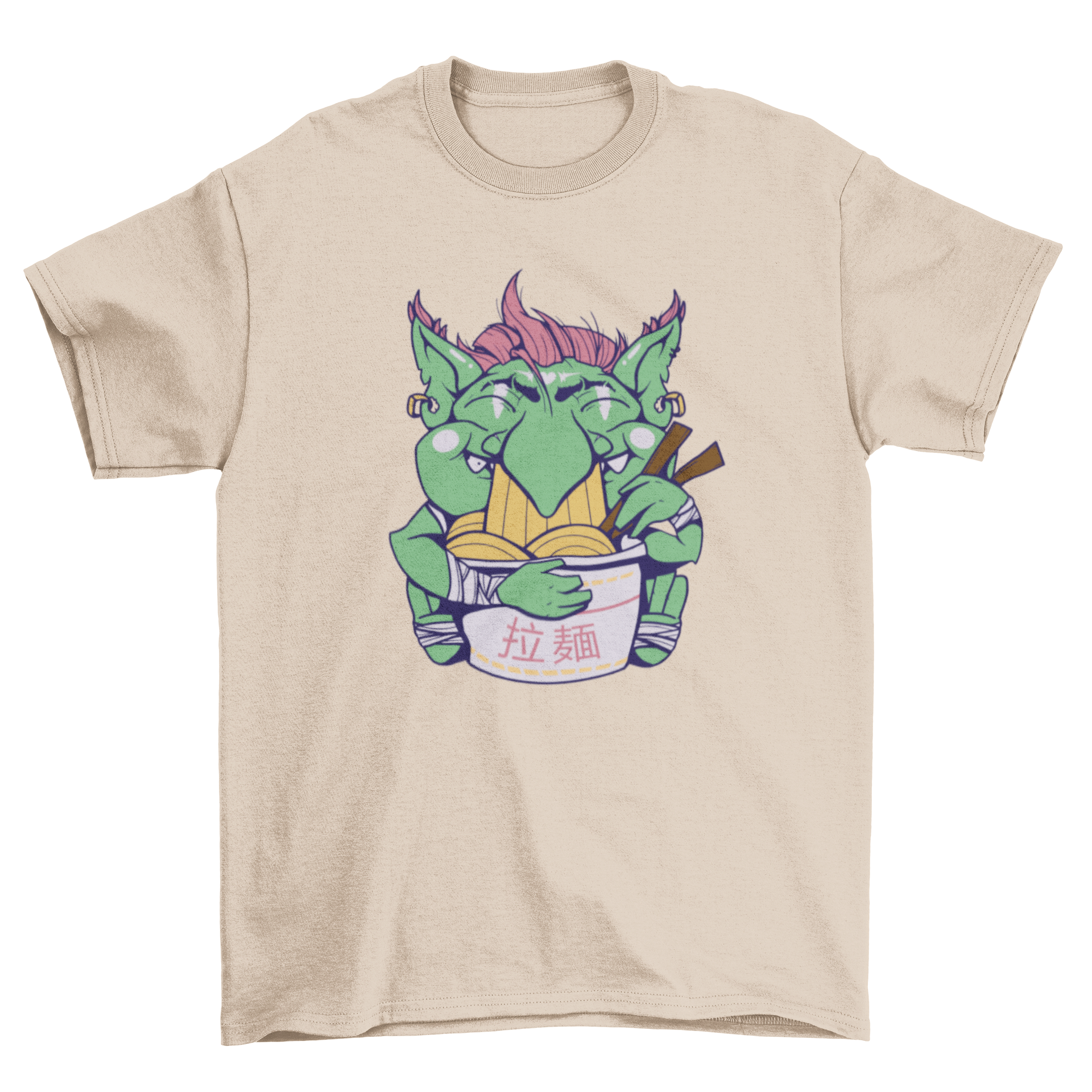 A whimsical t-shirt featuring a goblin happily eating ramen, showcasing vibrant colors and playful design.