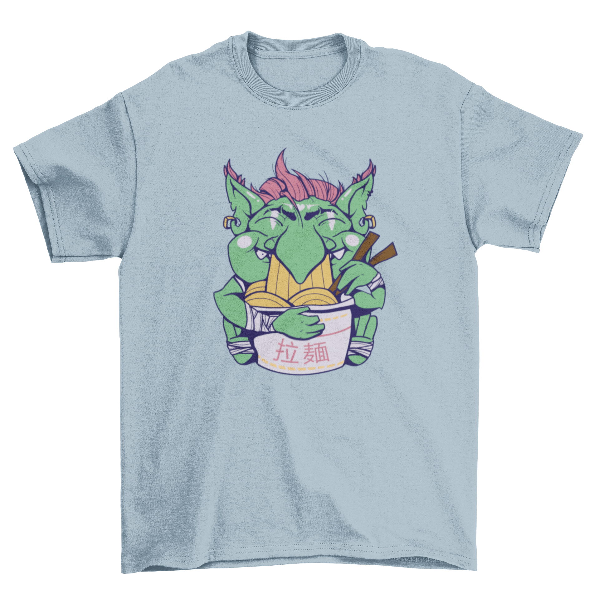 A whimsical t-shirt featuring a goblin happily eating ramen, showcasing vibrant colors and playful design.