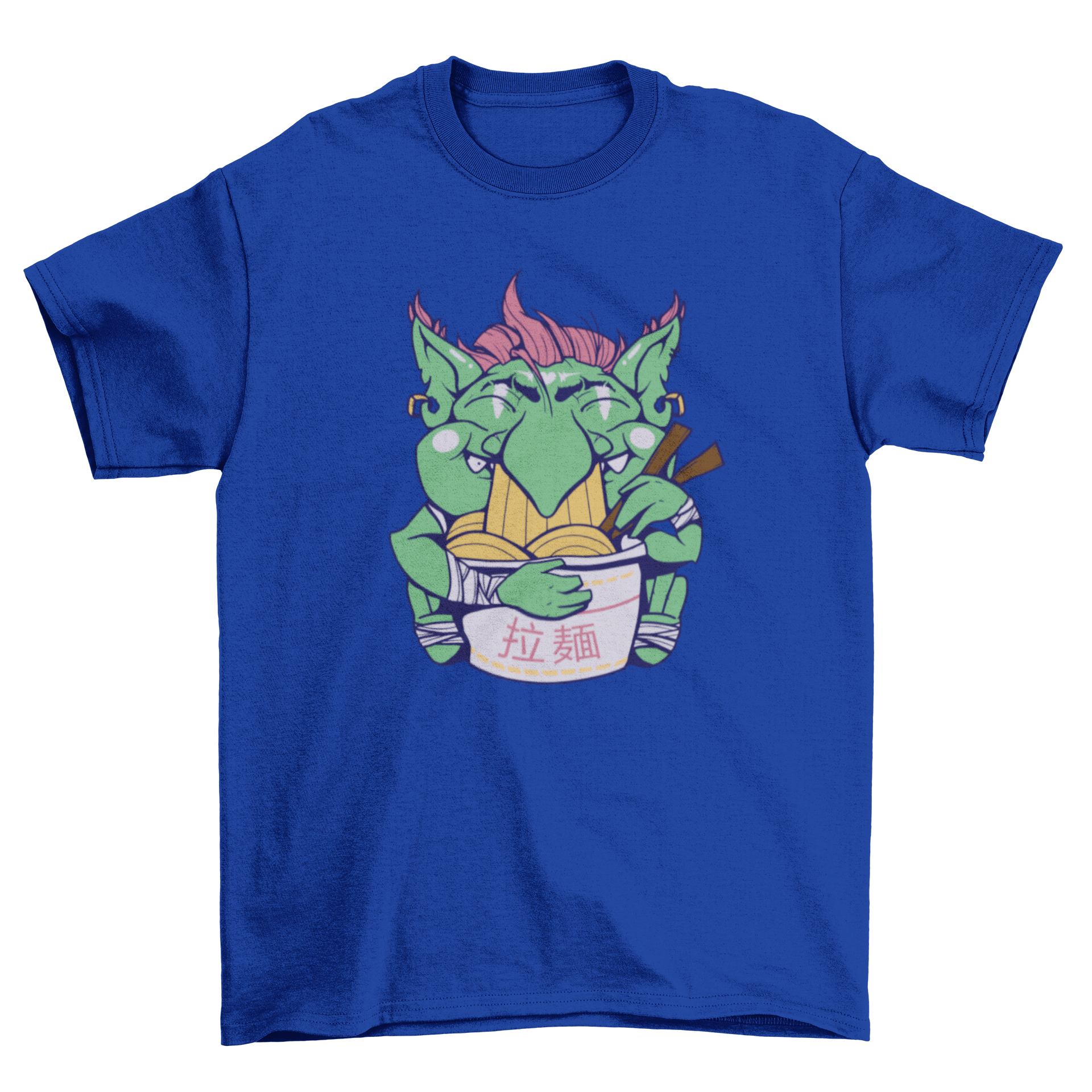 A whimsical t-shirt featuring a goblin happily eating ramen, showcasing vibrant colors and playful design.