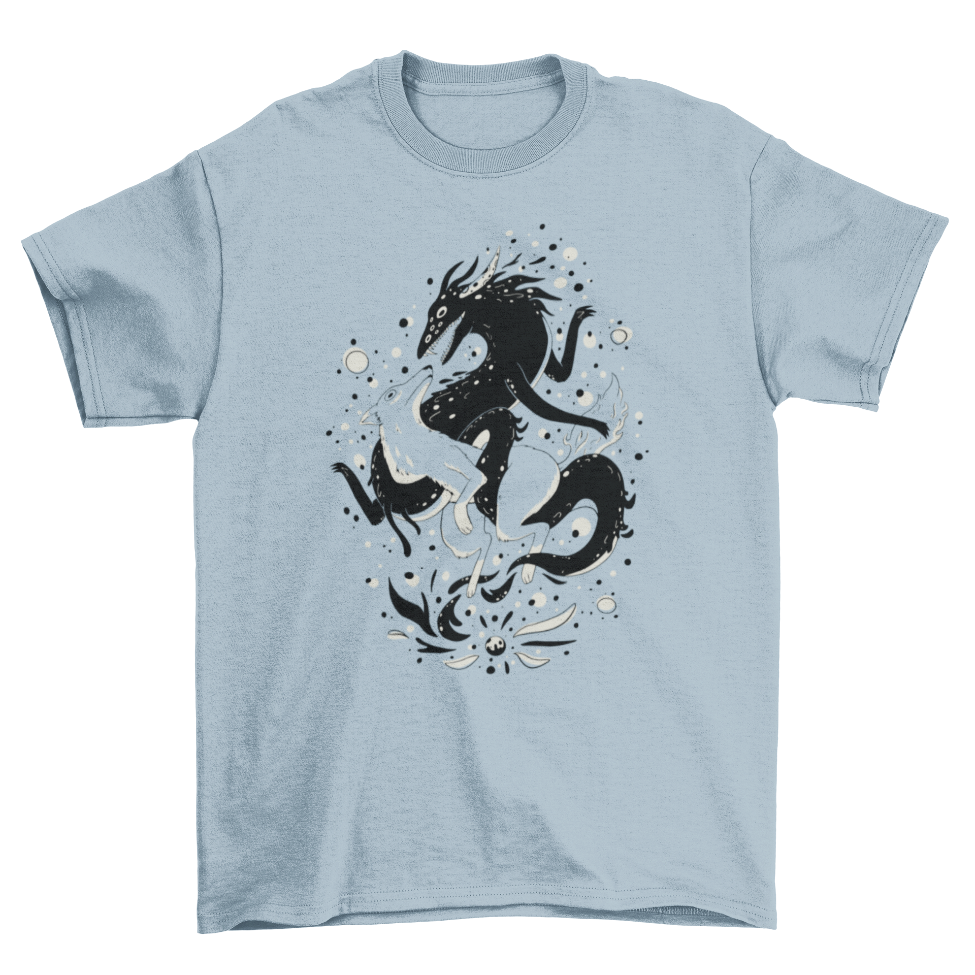 A stylish t-shirt featuring two mystic wolves representing good and evil, showcasing intricate designs and vibrant colors.