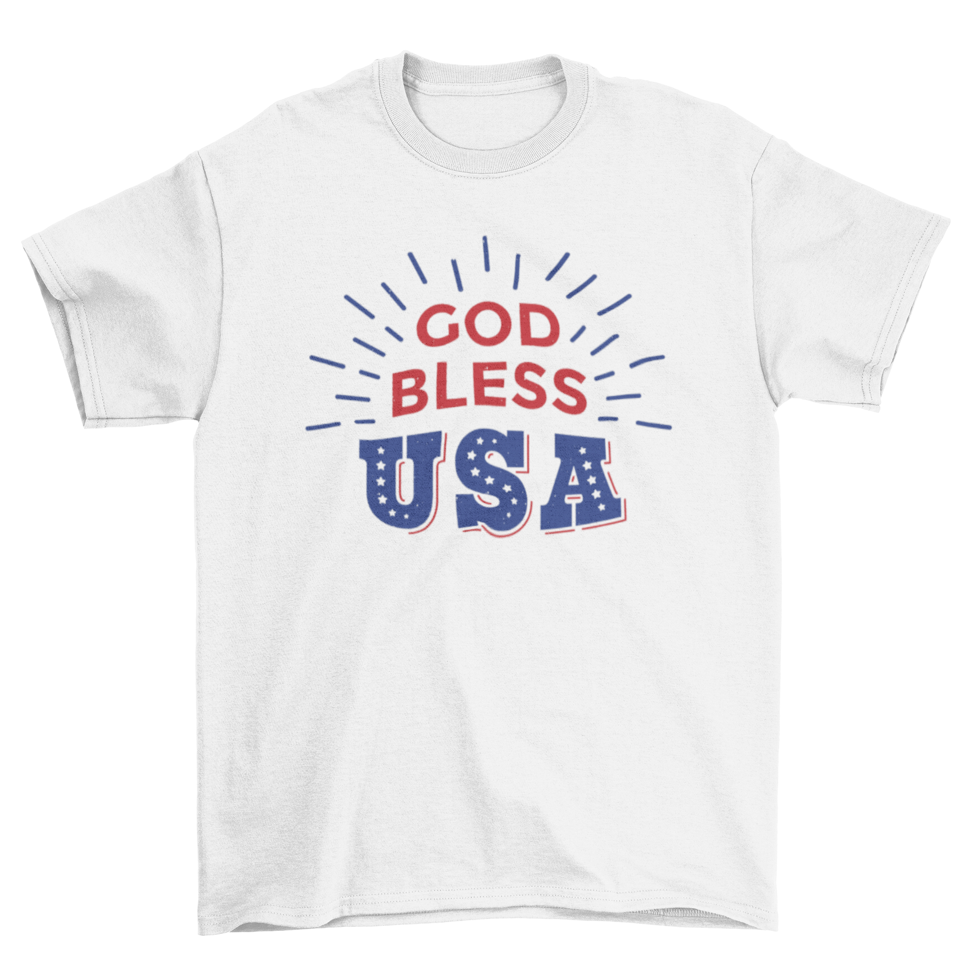 God Bless T-Shirt featuring red and blue lettering with white stars, perfect for celebrating the 4th of July.