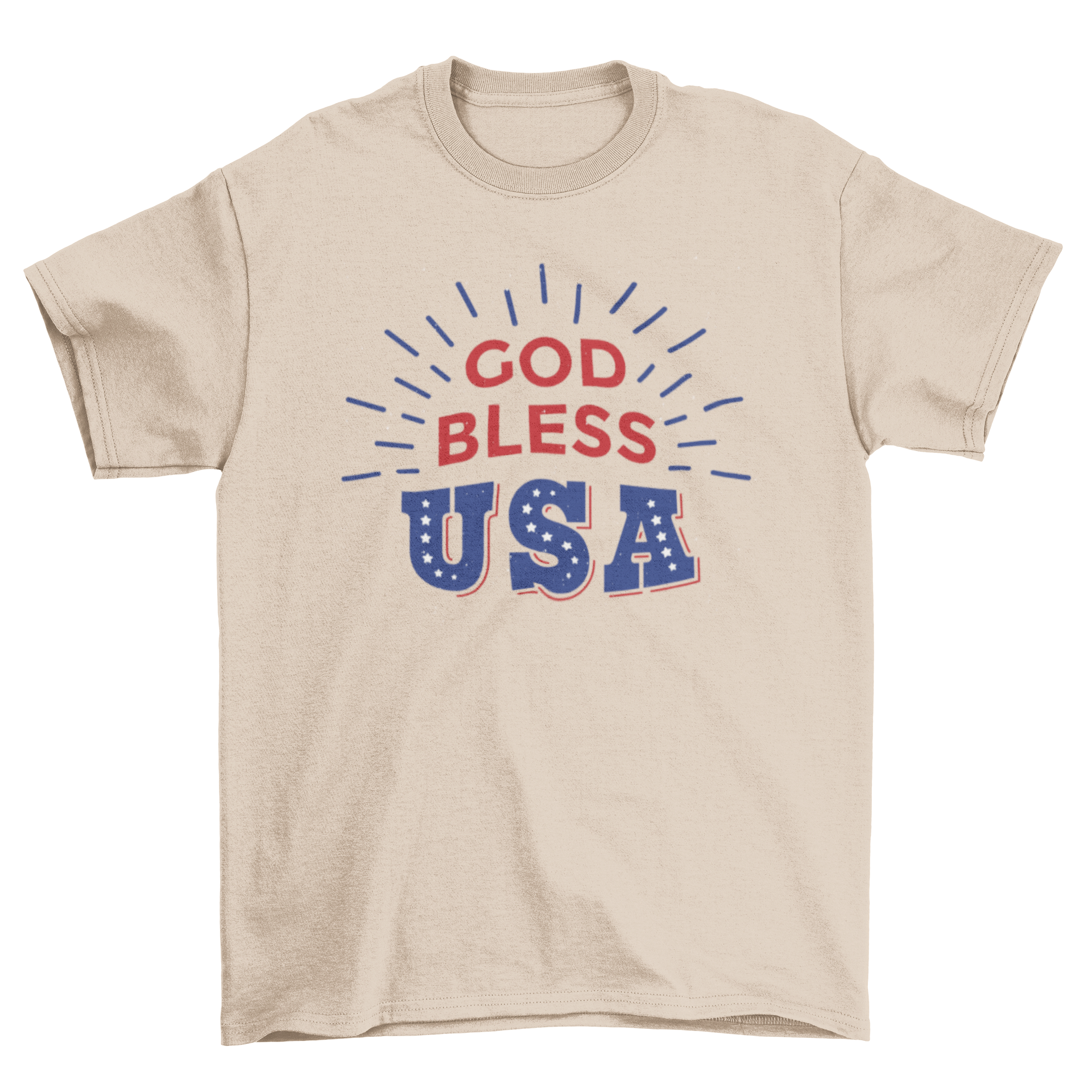 God Bless T-Shirt featuring red and blue lettering with white stars, perfect for celebrating the 4th of July.