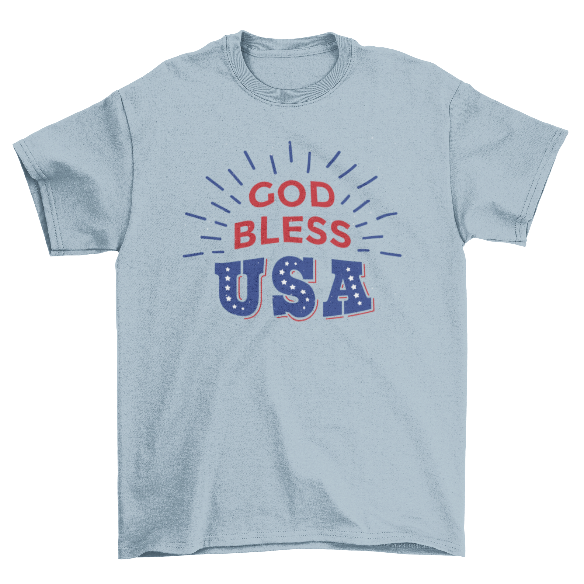 God Bless T-Shirt featuring red and blue lettering with white stars, perfect for celebrating the 4th of July.