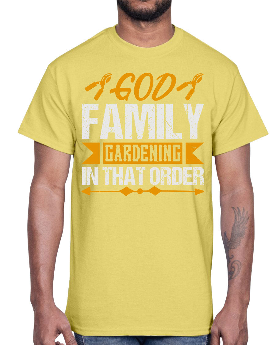 God Family Gardening Cotton Tee featuring a classic fit and soft fabric, perfect for gardening enthusiasts.