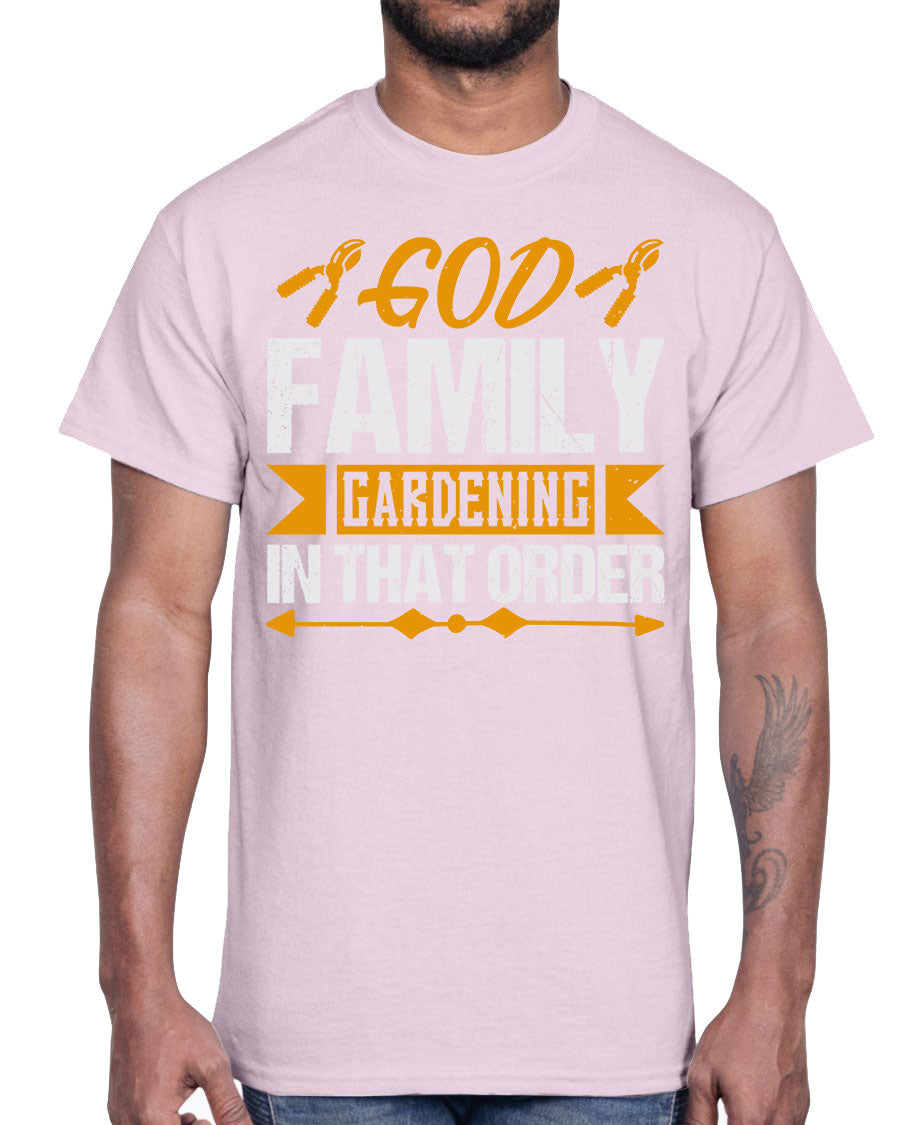 God Family Gardening Cotton Tee featuring a classic fit and soft fabric, perfect for gardening enthusiasts.