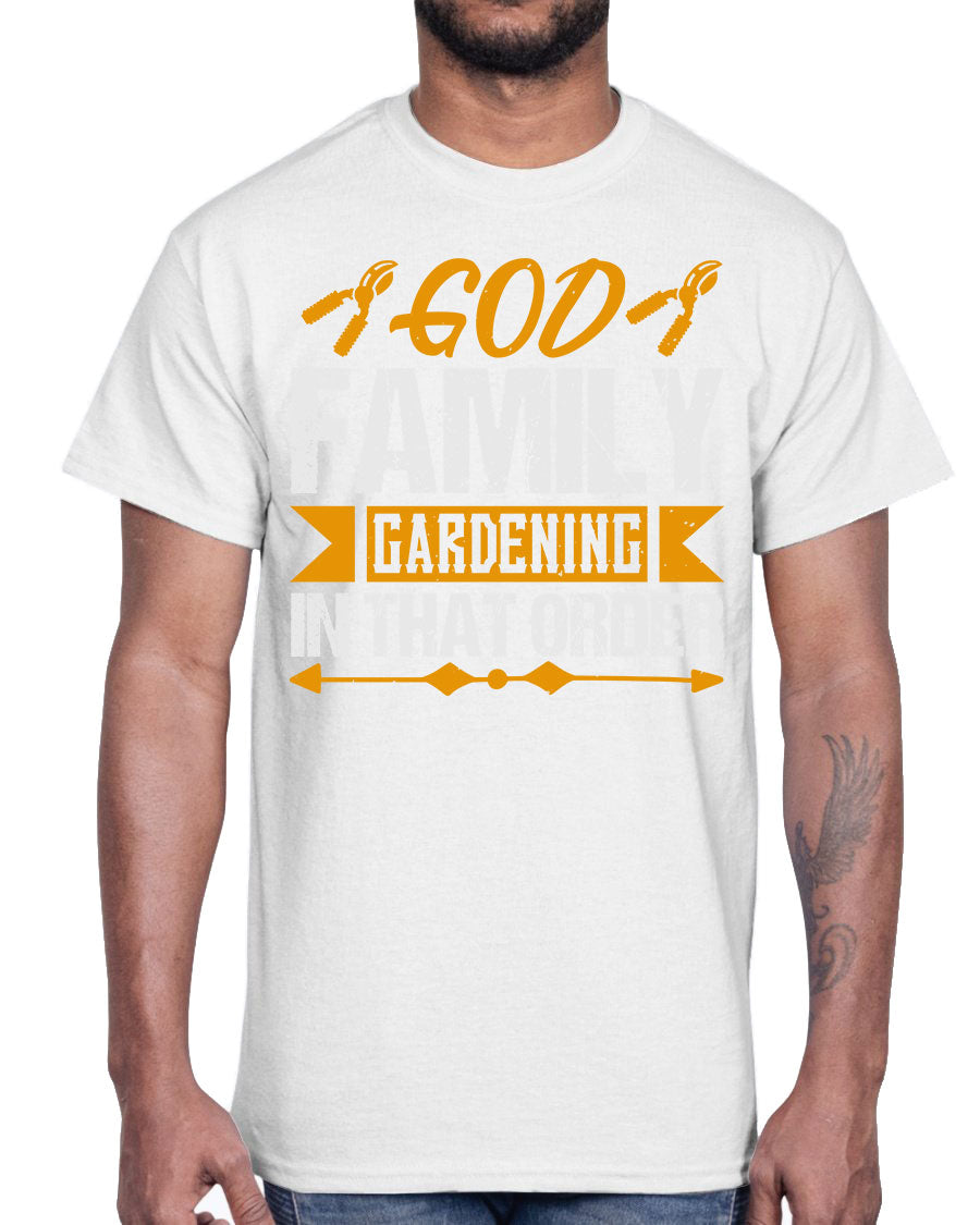 God Family Gardening Cotton Tee featuring a classic fit and soft fabric, perfect for gardening enthusiasts.