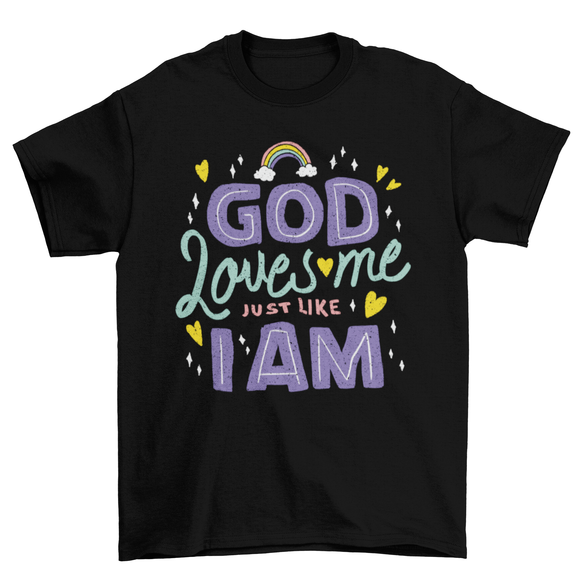 A stylish God loves me t-shirt featuring the quote 'God loves me just like I am' in bold lettering.