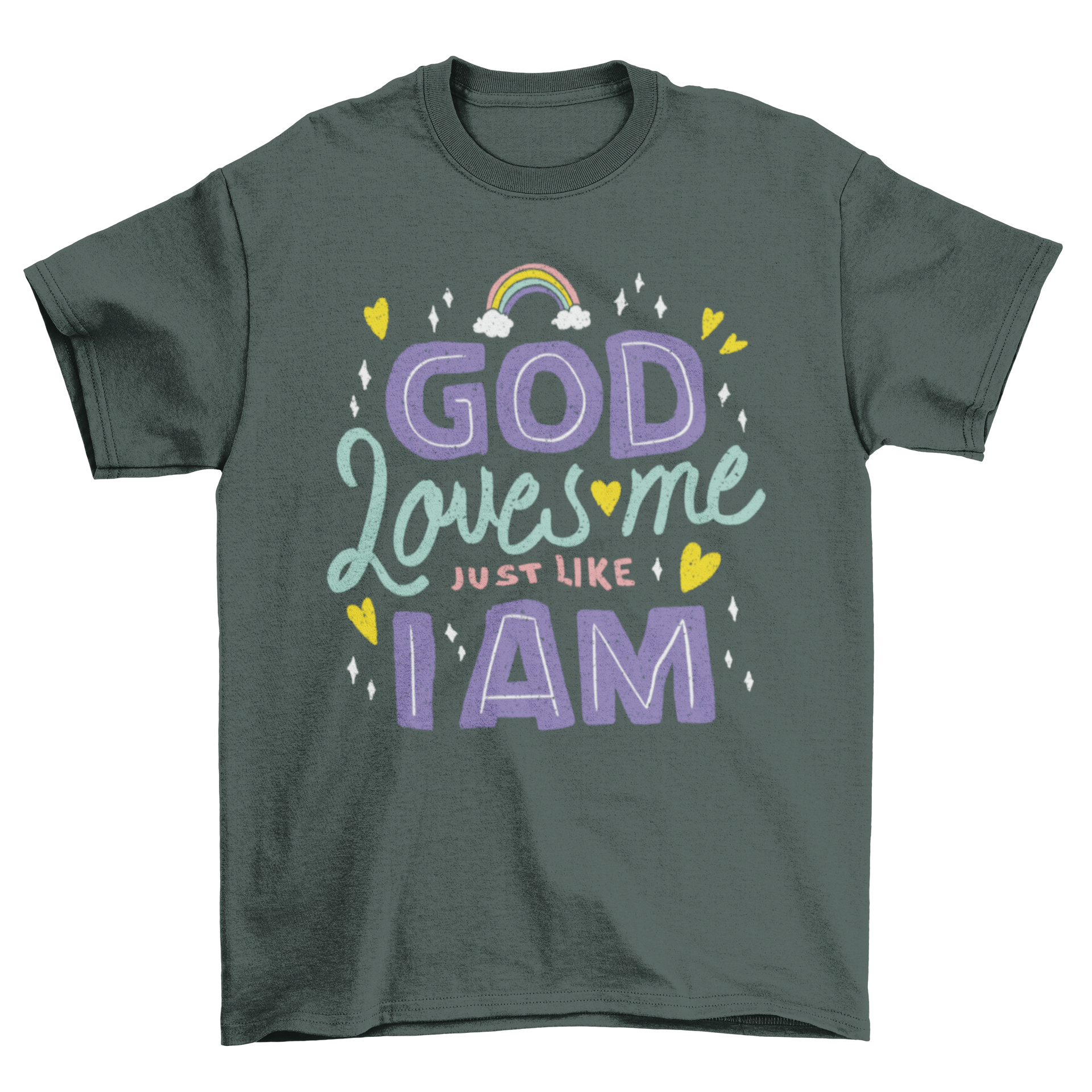 A stylish God loves me t-shirt featuring the quote 'God loves me just like I am' in bold lettering.