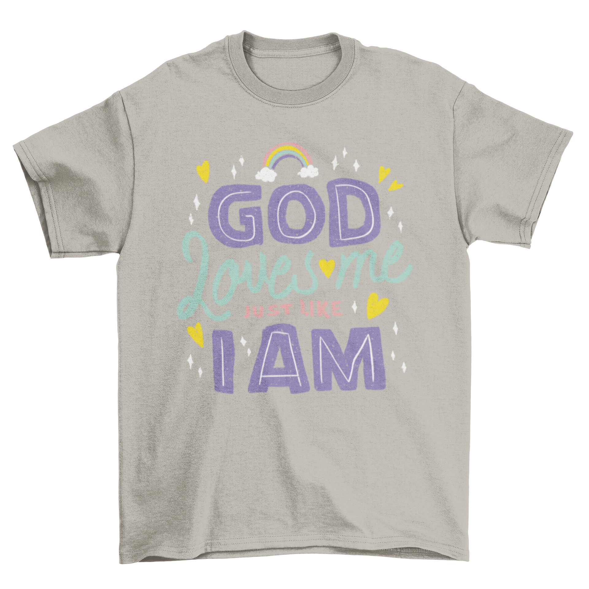 A stylish God loves me t-shirt featuring the quote 'God loves me just like I am' in bold lettering.