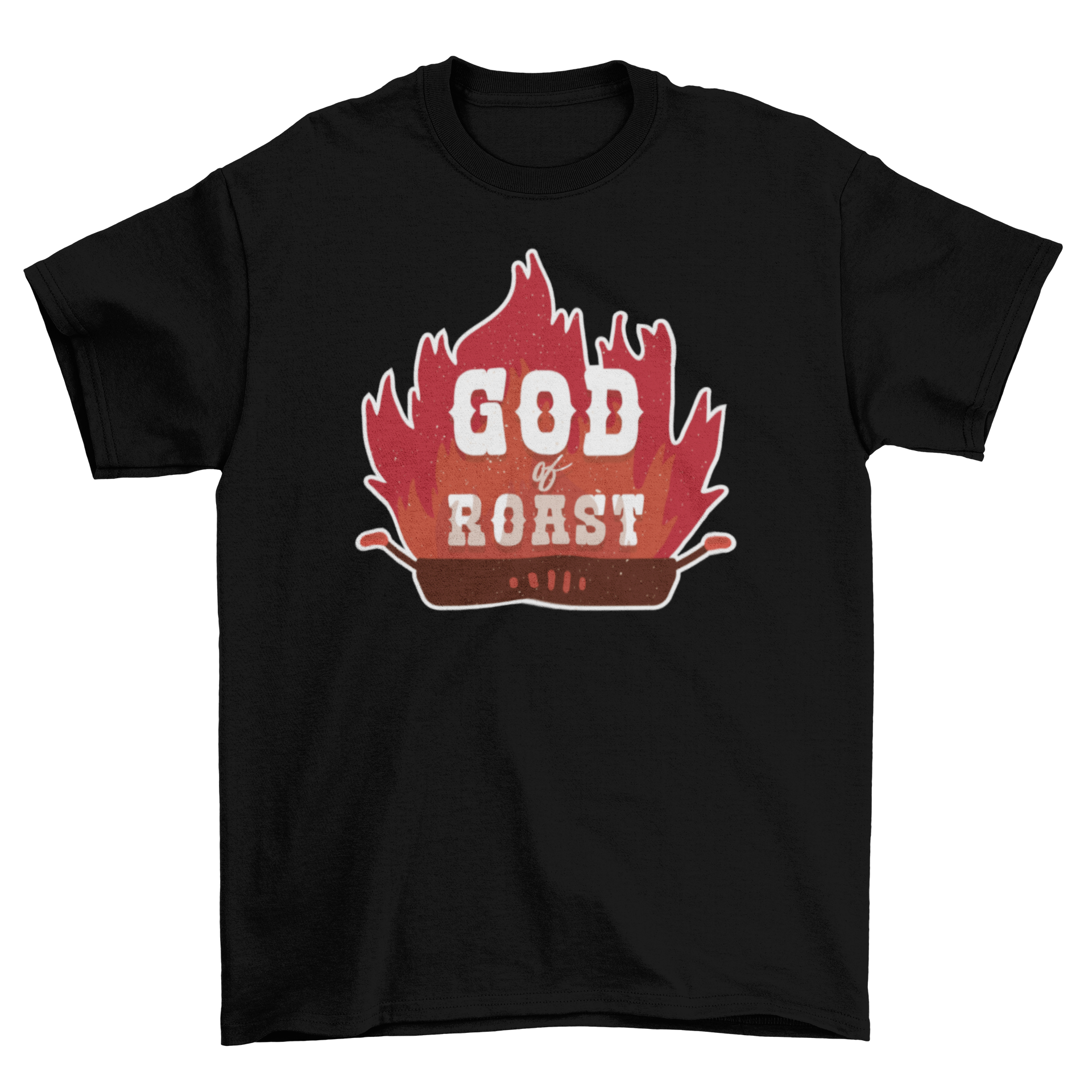 God of Roast t-shirt featuring a flaming roast pan design and bold caption.