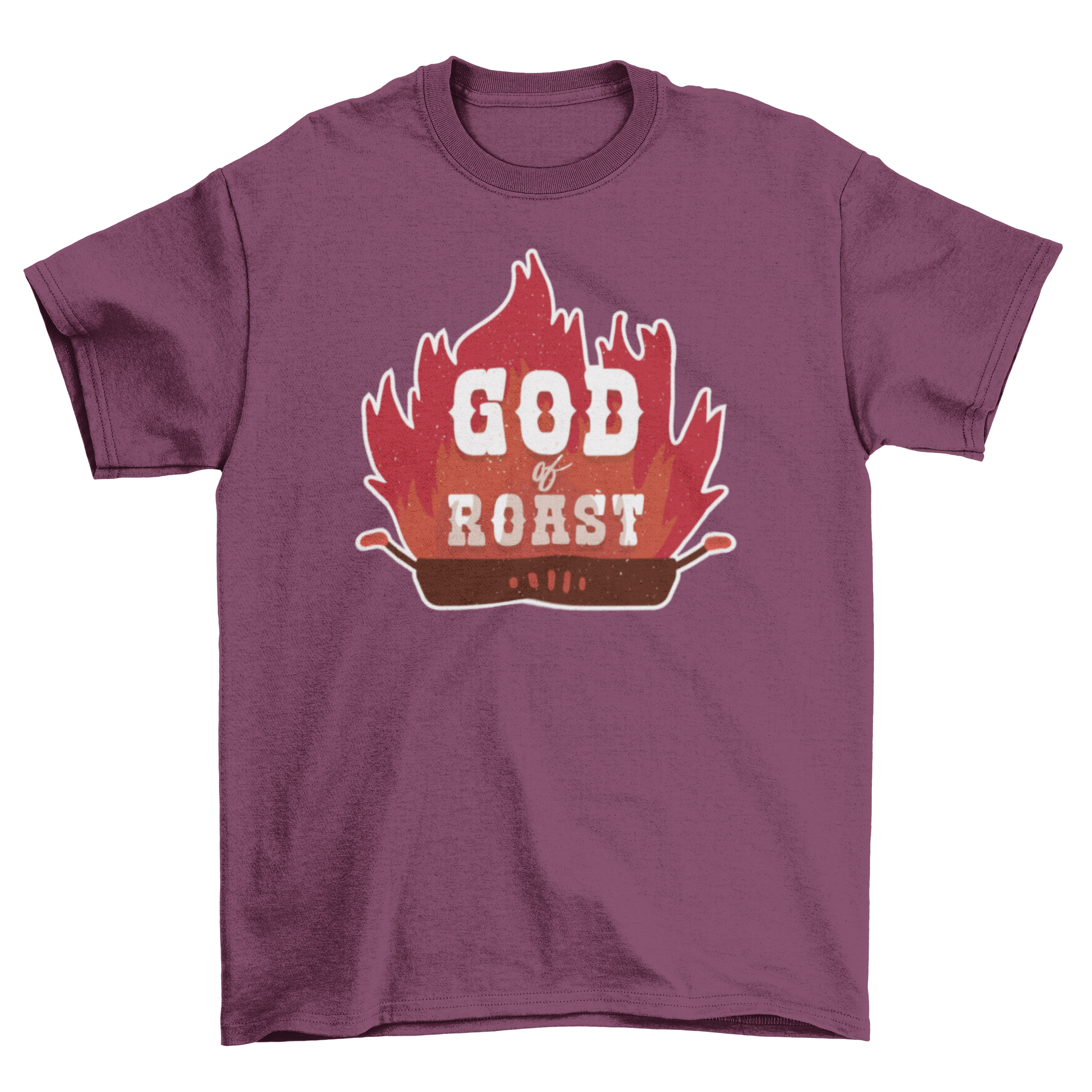 God of Roast t-shirt featuring a flaming roast pan design and bold caption.