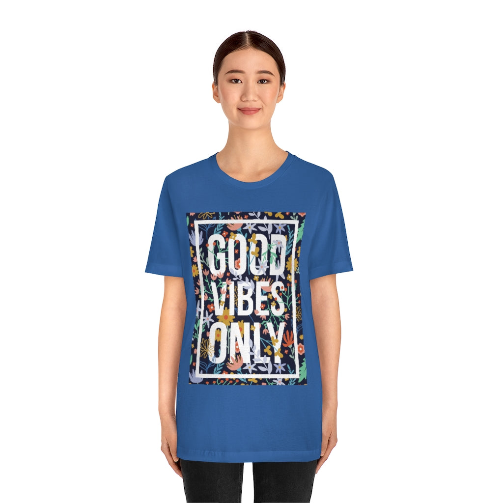 Good Vibes Only T-shirt made of 100% soft cotton with a vinyl print, showcasing a positive message in a unisex retail fit.