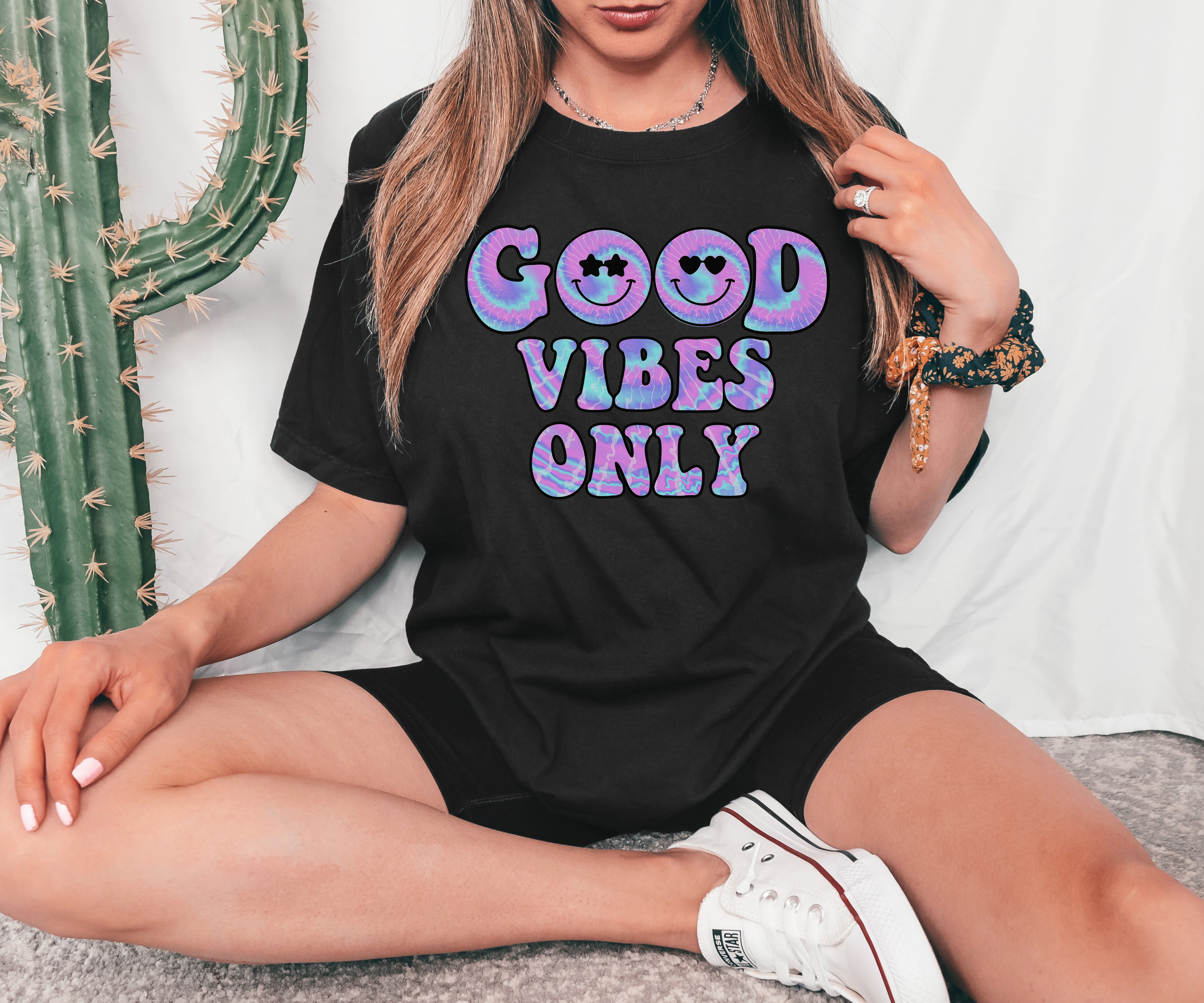 Good Vibes Only T-shirt made of premium ring spun cotton with a vibrant print, showcasing a comfortable fit and stylish design.