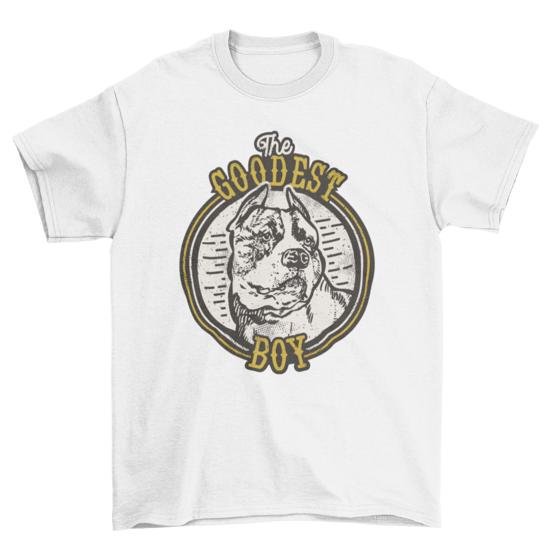 Vintage style t-shirt featuring a pitbull dog and the quote 'The Goodest Boy' in a stylish design.