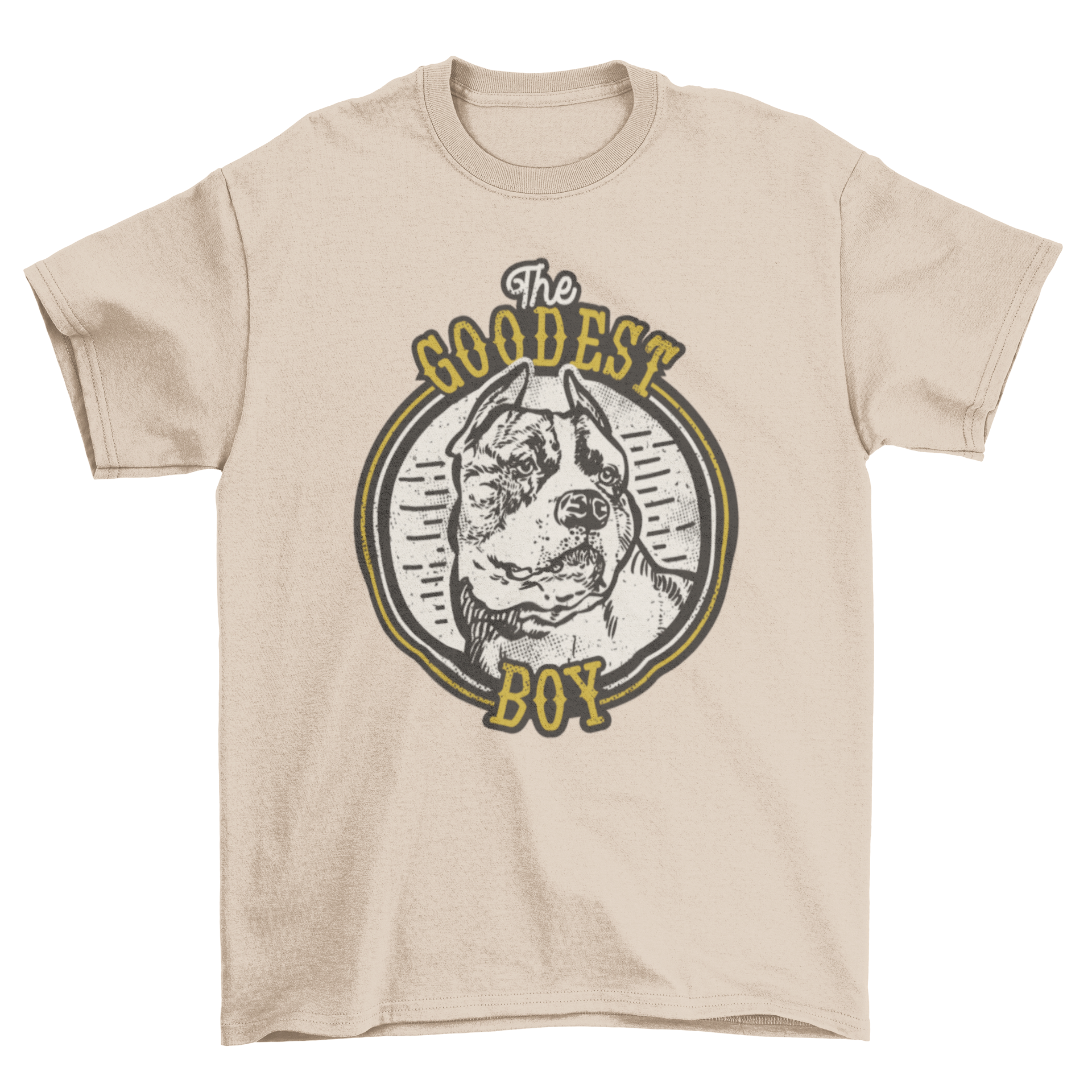 Vintage style t-shirt featuring a pitbull dog and the quote 'The Goodest Boy' in a stylish design.