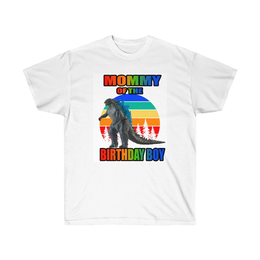 Godzilla Mommy of the Birthday Boy T-Shirt featuring vibrant graphics and soft cotton fabric, perfect for birthday celebrations.