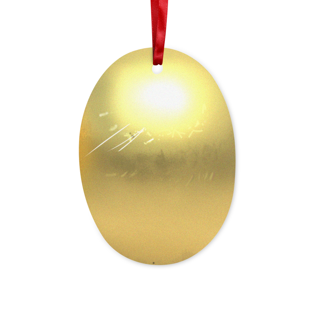 Gold Ceramic Hanging Ornament with red ribbon and gold string, elegantly designed for Christmas decoration.