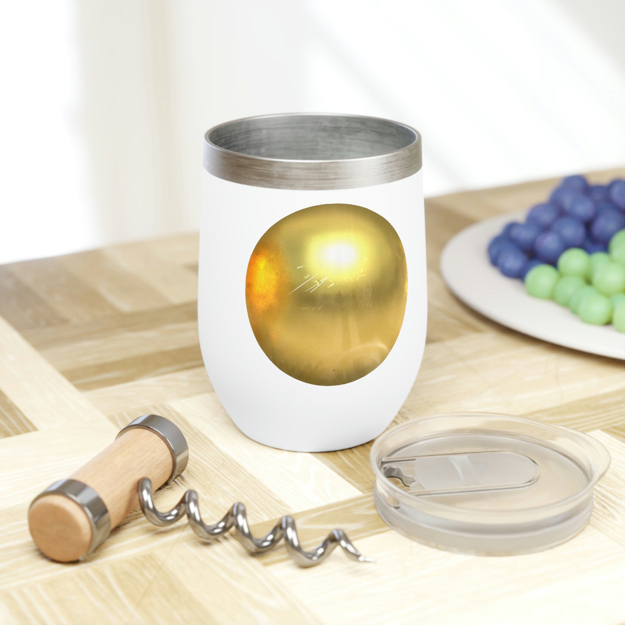 Gold Chill Wine Tumbler with custom design, showcasing its double-insulated stainless steel construction and stemless design.