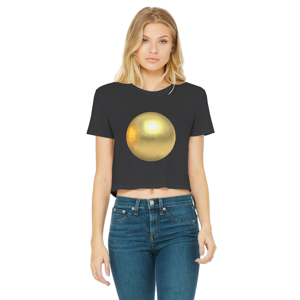 Gold Classic Women's Cropped Raw Edge T-Shirt with short sleeves and raw edge hem, showcasing a stylish and comfortable design.