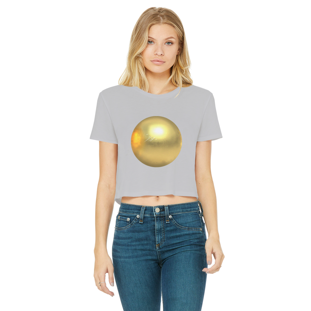 Gold Classic Women's Cropped Raw Edge T-Shirt with short sleeves and raw edge hem, showcasing a stylish and comfortable design.