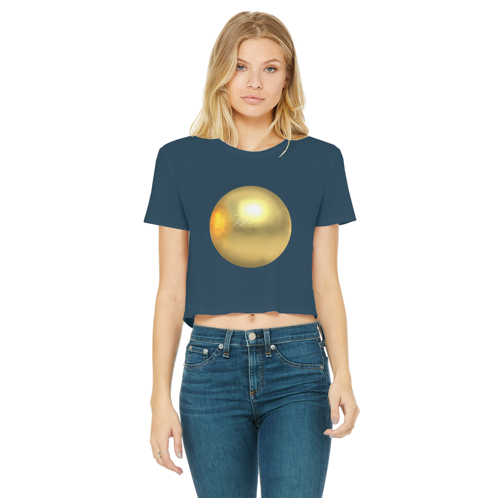 Gold Classic Women's Cropped Raw Edge T-Shirt with short sleeves and raw edge hem, showcasing a stylish and comfortable design.