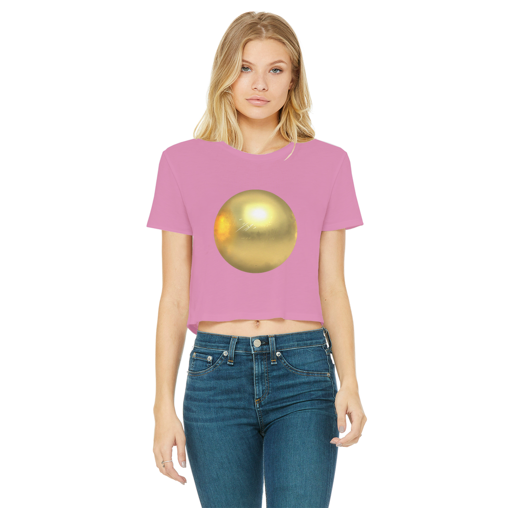 Gold Classic Women's Cropped Raw Edge T-Shirt with short sleeves and raw edge hem, showcasing a stylish and comfortable design.