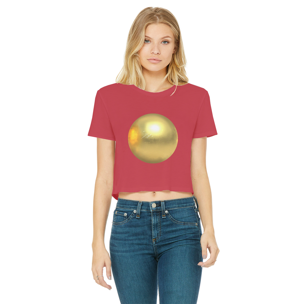 Gold Classic Women's Cropped Raw Edge T-Shirt with short sleeves and raw edge hem, showcasing a stylish and comfortable design.