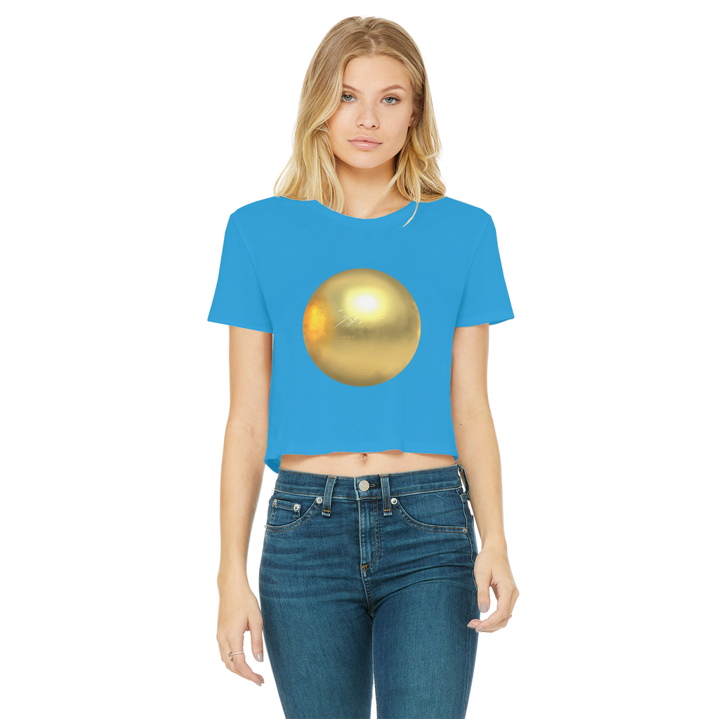 Gold Classic Women's Cropped Raw Edge T-Shirt with short sleeves and raw edge hem, showcasing a stylish and comfortable design.