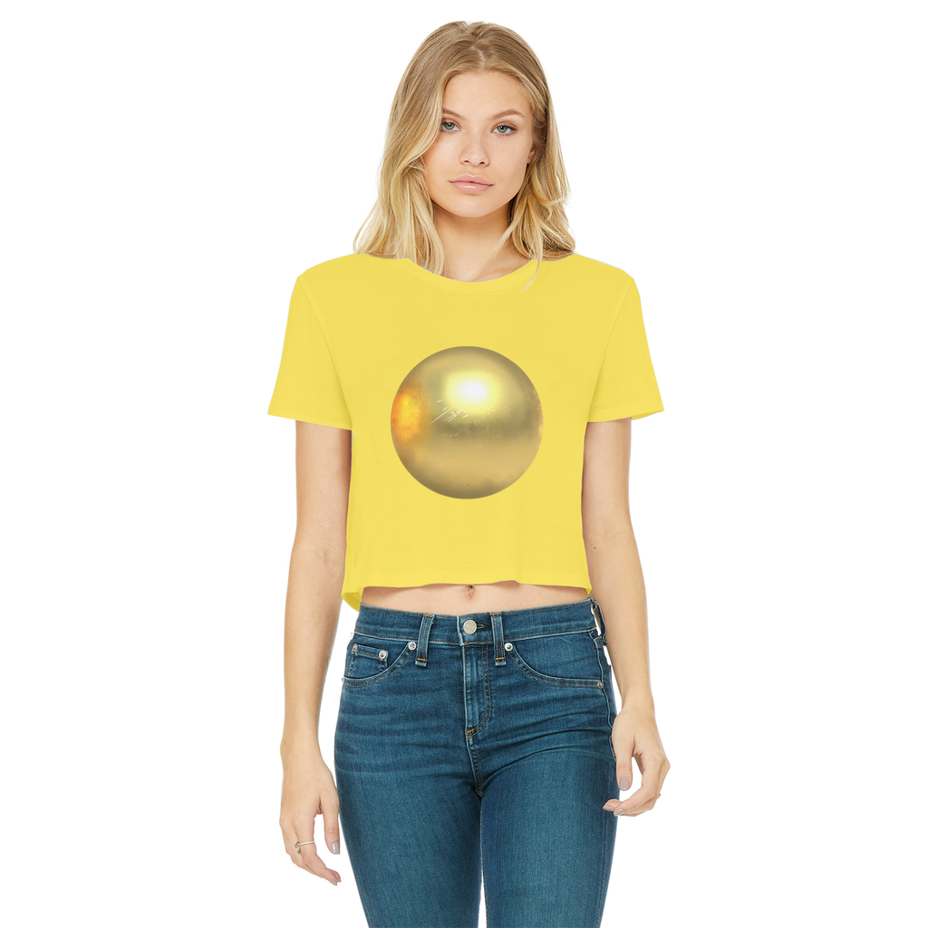 Gold Classic Women's Cropped Raw Edge T-Shirt with short sleeves and raw edge hem, showcasing a stylish and comfortable design.