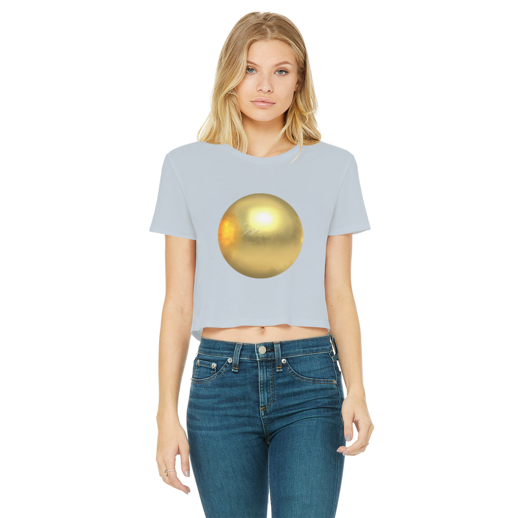 Gold Classic Women's Cropped Raw Edge T-Shirt with short sleeves and raw edge hem, showcasing a stylish and comfortable design.