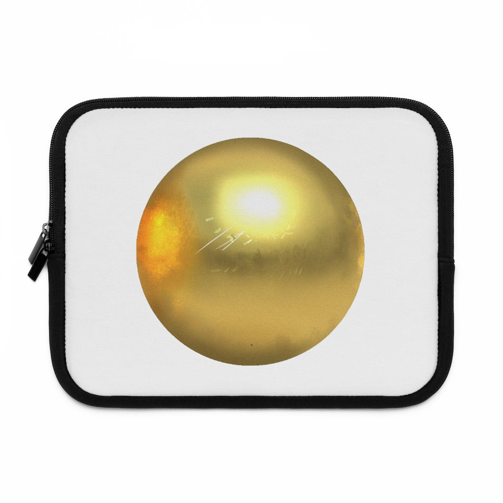 Gold Material Laptop Sleeve with customizable front and black polyester back, featuring dual zipper enclosures.