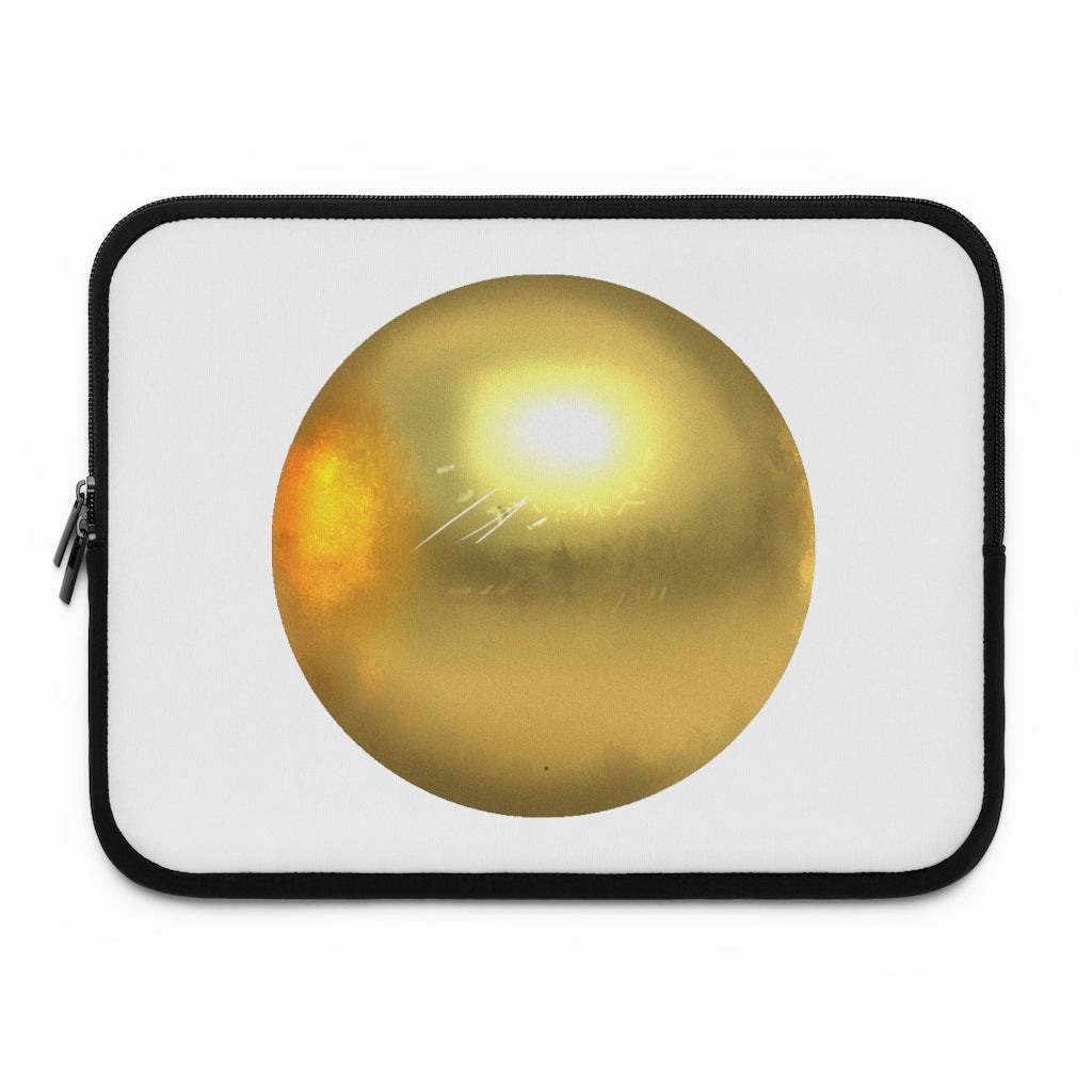 Gold Material Laptop Sleeve with customizable front and black polyester back, featuring dual zipper enclosures.