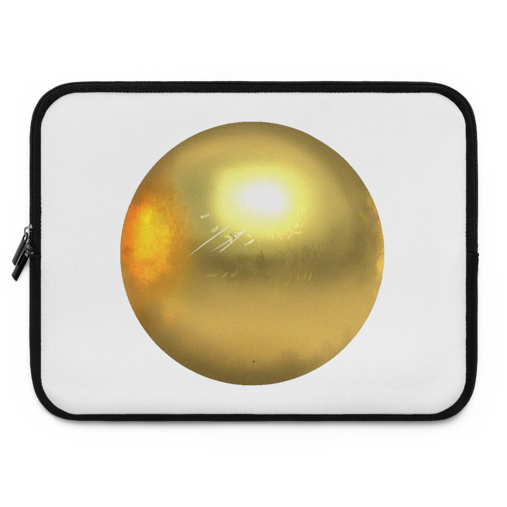 Gold Material Laptop Sleeve with customizable front and black polyester back, featuring dual zipper enclosures.