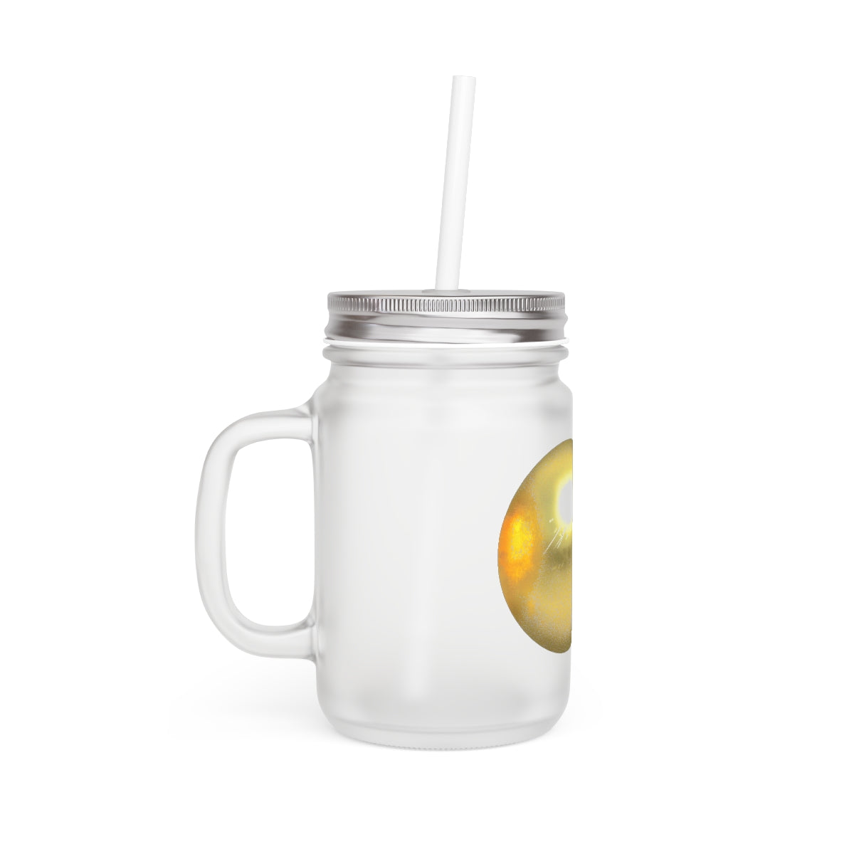 A stylish Gold Material Mason Jar made of frosted glass, featuring a straw and lid, perfect for personalized drinks.