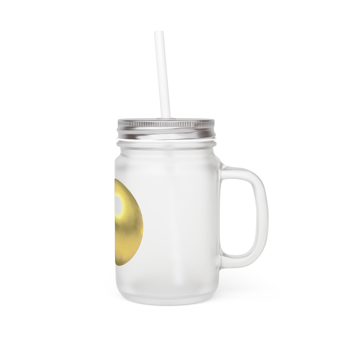 A stylish Gold Material Mason Jar made of frosted glass, featuring a straw and lid, perfect for personalized drinks.