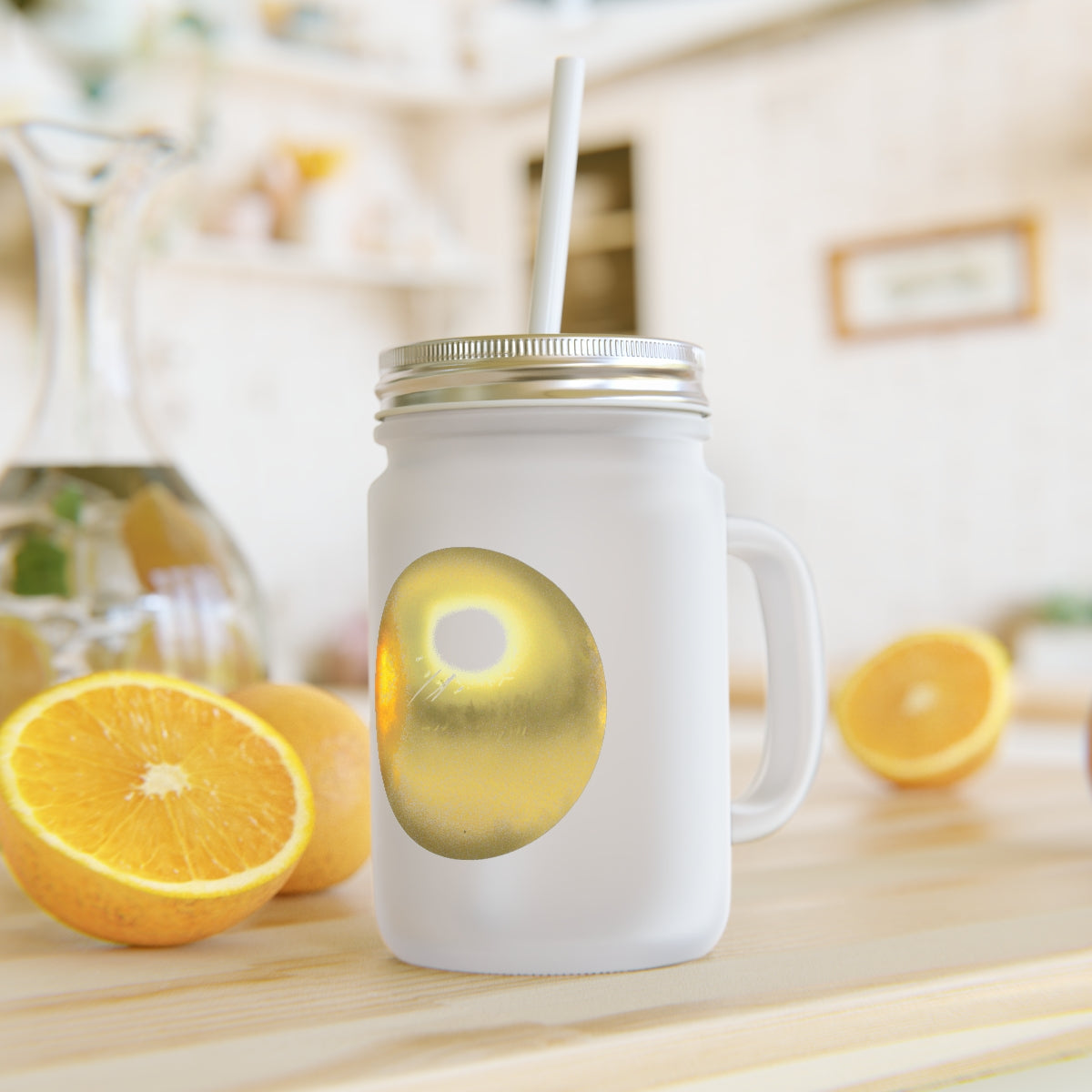 A stylish Gold Material Mason Jar made of frosted glass, featuring a straw and lid, perfect for personalized drinks.