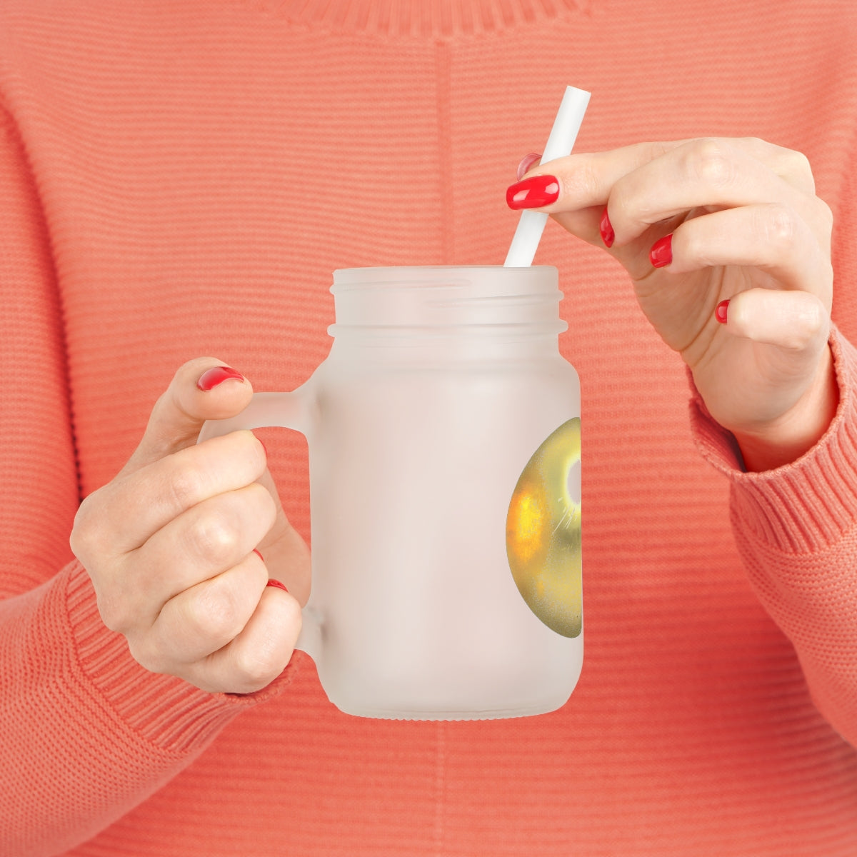 A stylish Gold Material Mason Jar made of frosted glass, featuring a straw and lid, perfect for personalized drinks.