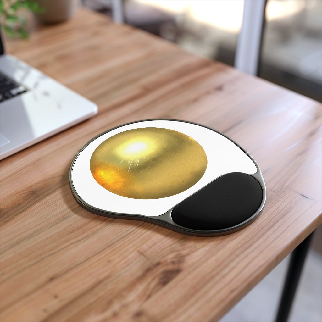 Gold Material Mouse Pad with ergonomic Memory Foam wrist rest and custom-printed neoprene insert, featuring a foot-shaped black plastic base.