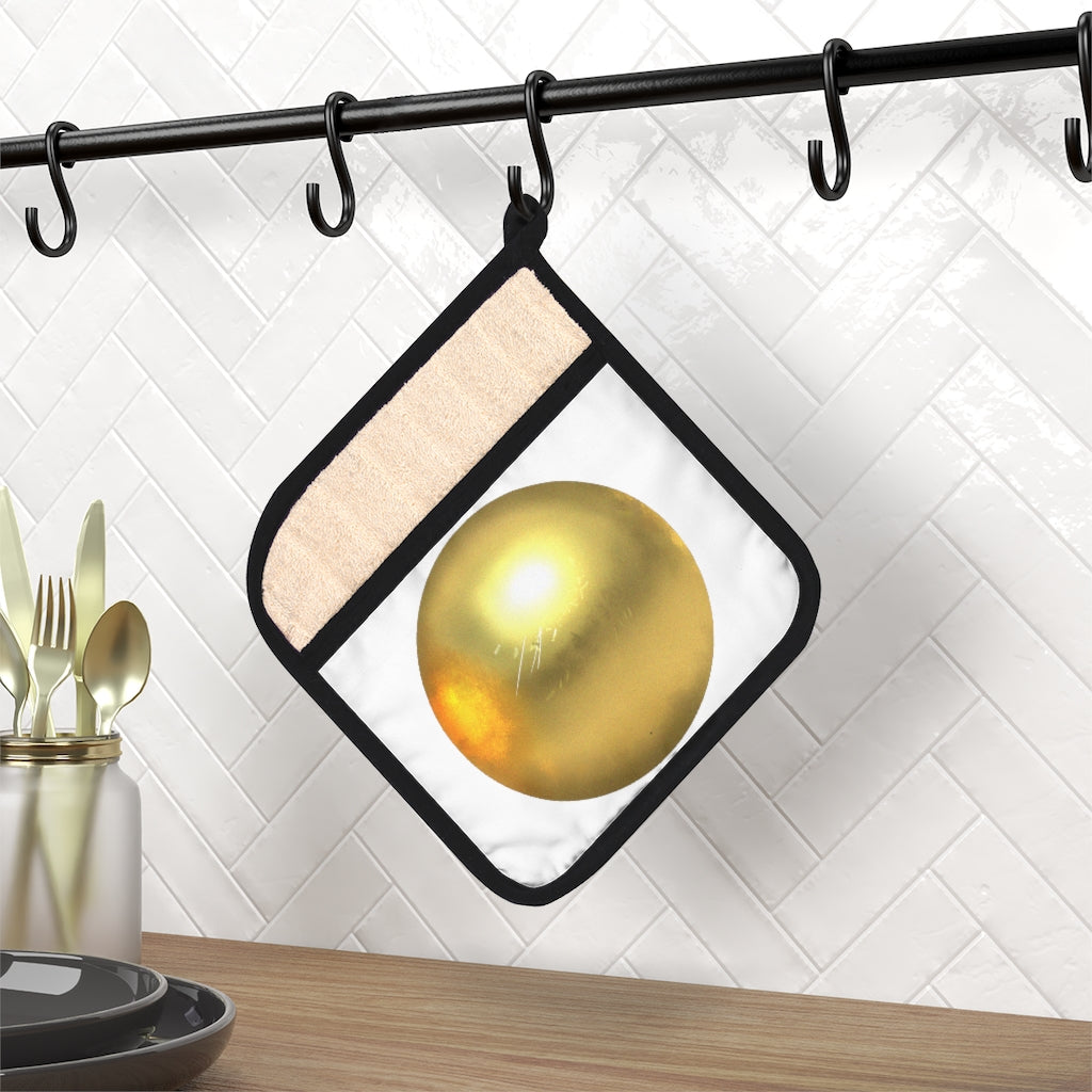 Gold Material Pot Holder with Pocket, featuring a stylish design and black cotton hanging loop, perfect for kitchen use.