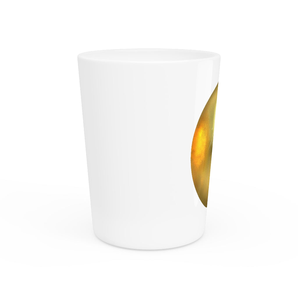 A stylish Gold Material Shot Glass made of white ceramic with a customizable interior available in white or black.