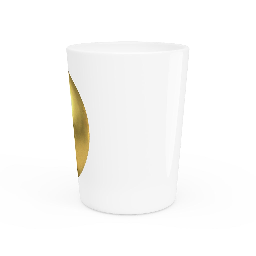 A stylish Gold Material Shot Glass made of white ceramic with a customizable interior available in white or black.