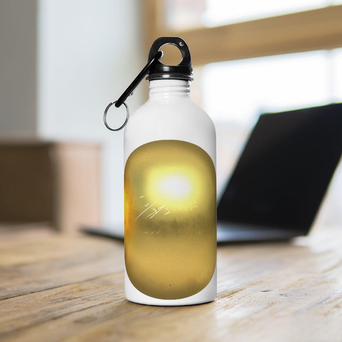 Gold Material Stainless Steel Water Bottle with a plastic screw top and carabiner, perfect for hydration on the go.