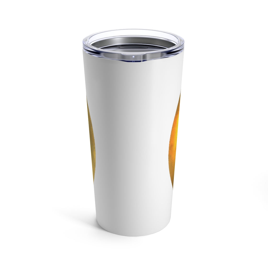 Gold Material Tumbler 20oz made of stainless steel with a see-thru plastic lid, showcasing its sleek design and durable construction.