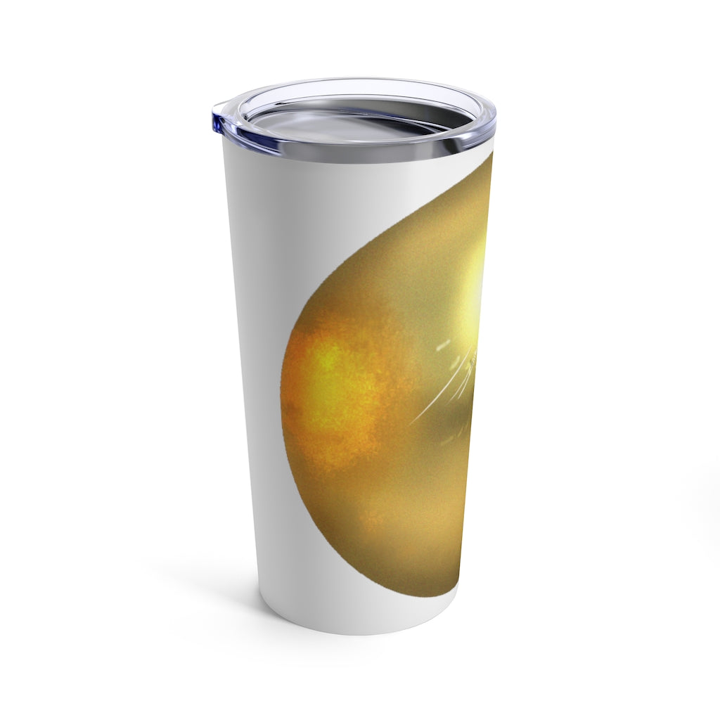 Gold Material Tumbler 20oz made of stainless steel with a see-thru plastic lid, showcasing its sleek design and durable construction.