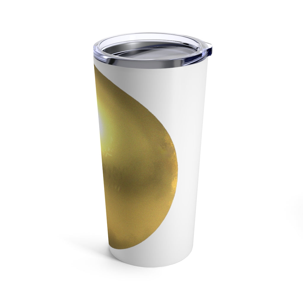 Gold Material Tumbler 20oz made of stainless steel with a see-thru plastic lid, showcasing its sleek design and durable construction.